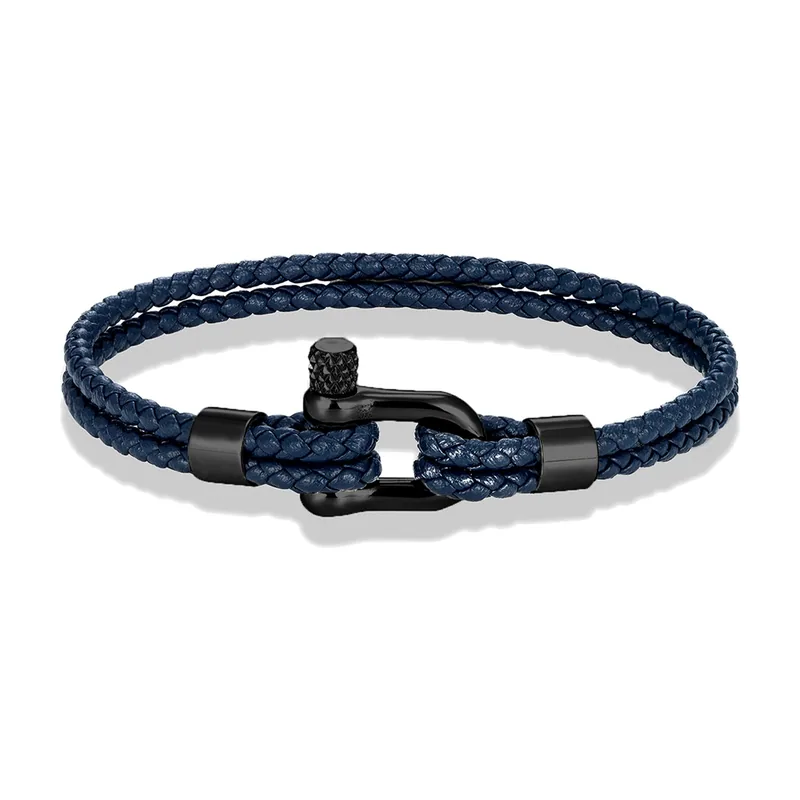 Braided Leather Bracelet with Shackle Clasp, Stainless Steel