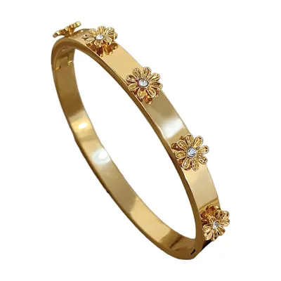 Bracciale a Polsino Motivo Floreale con Zircone, Acciaio Inox