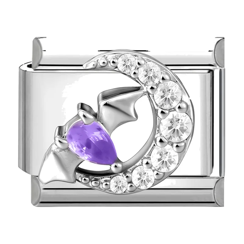 Bracciale Luna e Pipistrello con Pietra Viola, Acciaio Inossidabile