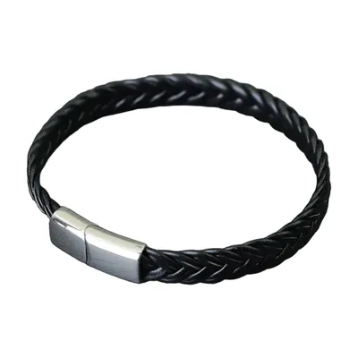 Bracciale in Pelle Intrecciata con Chiusura Magnetica, Acciaio Inossidabile