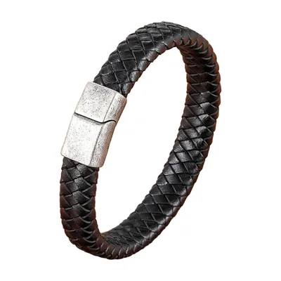 Braided Leather Bracelet with Magnetic Clasp, Stainless Steel
