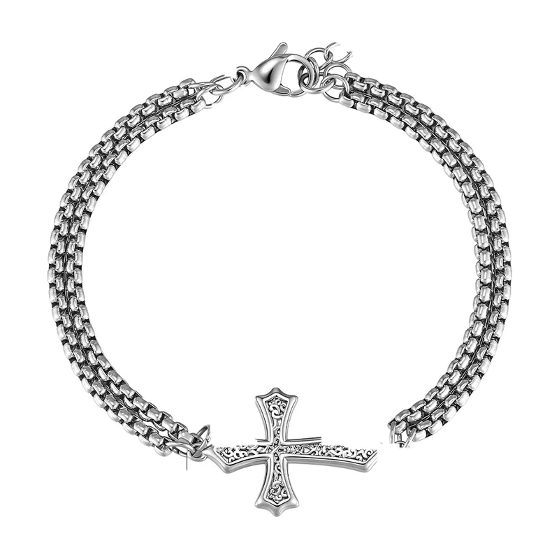 Bracciale a Maglie con Pendente Croce e Zirconia, Acciaio Inossidabile