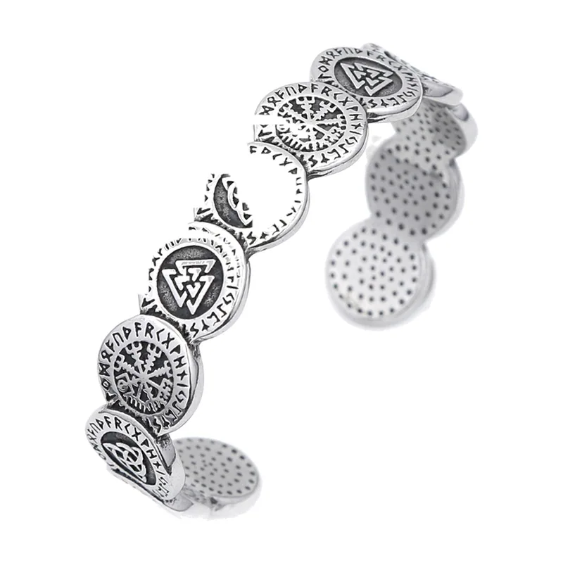 Bracelet Jonc Viking Vegvisir et Valknut, Acier Inoxydable