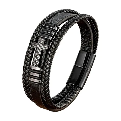 Bracelet en cuir tressé avec croix en zircone, acier inoxydable