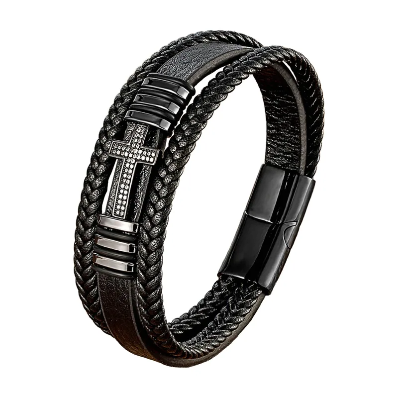 Bracciale in pelle intrecciata con croce in zircone, acciaio inossidabile