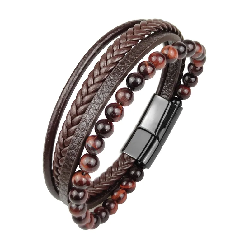 Geflochtenes Lederarmband mit Vulkansteinen, Edelstahl