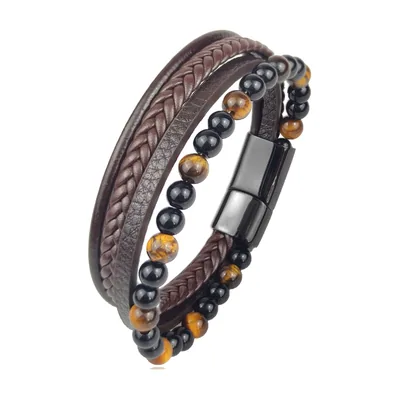 Geflochtenes Lederarmband mit Vulkansteinen, Edelstahl