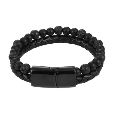 Bracciale in pelle intrecciata e pietra vulcanica, acciaio inossidabile