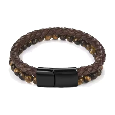 Bracciale in pelle intrecciata e perle di pietra marrone, acciaio inossidabile