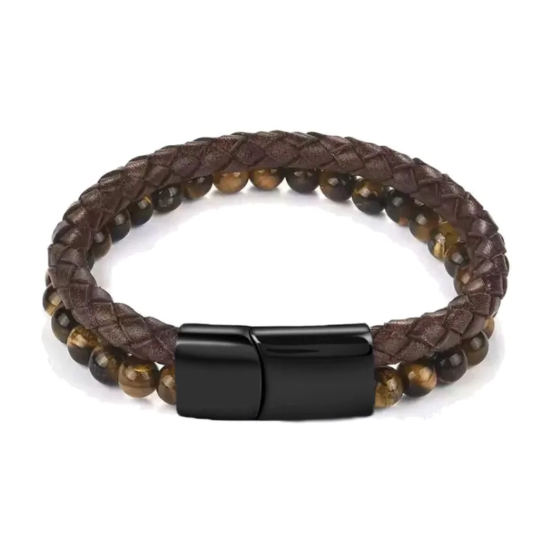 Geflochtenes Lederarmband mit braunen Steinperlen, Edelstahl