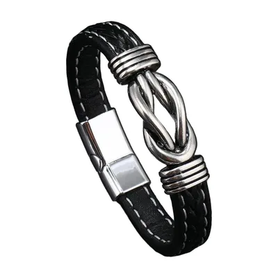 Bracciale in pelle intrecciata con nodo, acciaio inossidabile