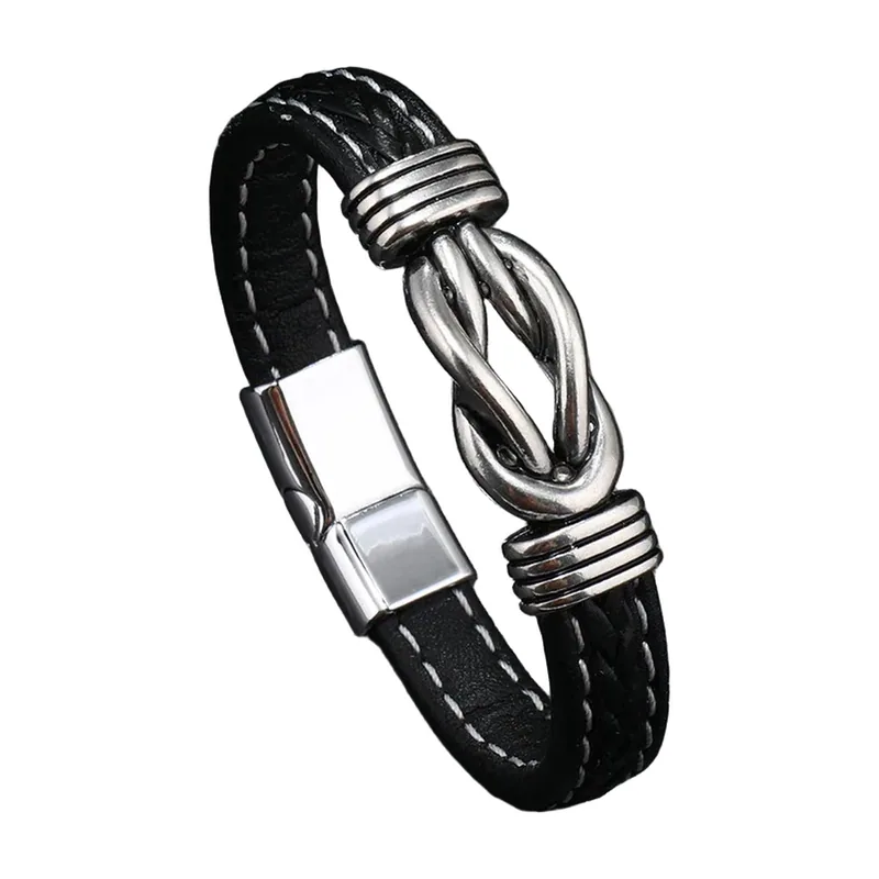 Bracciale in pelle intrecciata con nodo, acciaio inossidabile