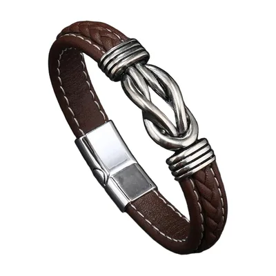 Bracciale in Pelle Intrecciata con Nodo in Acciaio Inox, Marrone