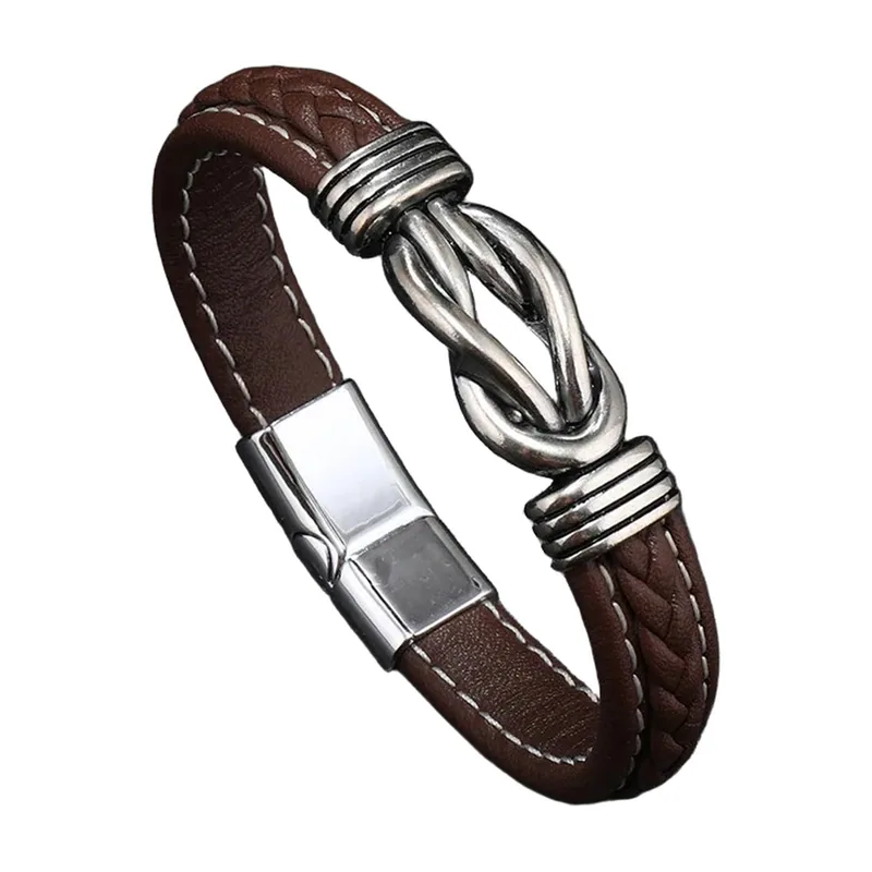 Bracciale in Pelle Intrecciata con Nodo in Acciaio Inox, Marrone