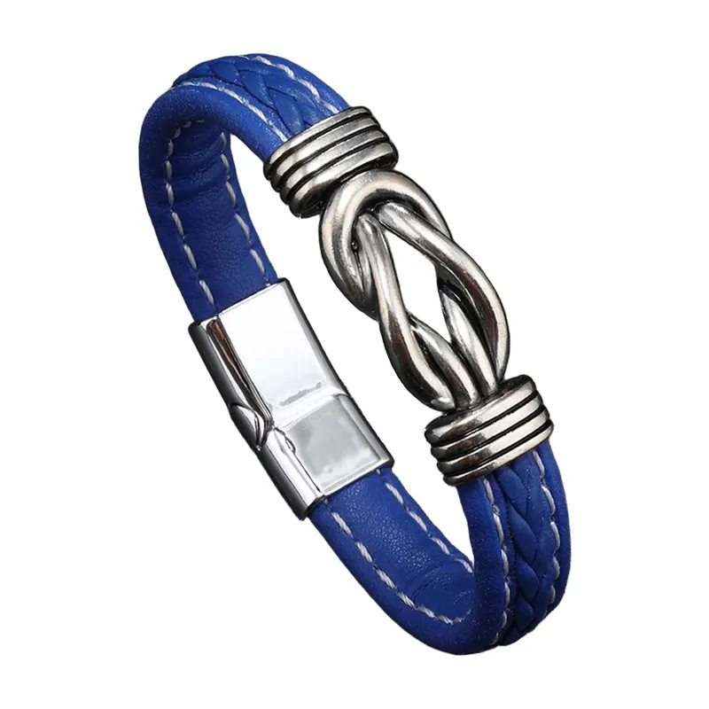 Bracelet en cuir tressé avec motif nœud, acier inoxydable 316L