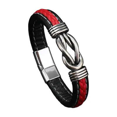 Bracciale in pelle intrecciata con nodo in acciaio inossidabile, Rosso e Nero