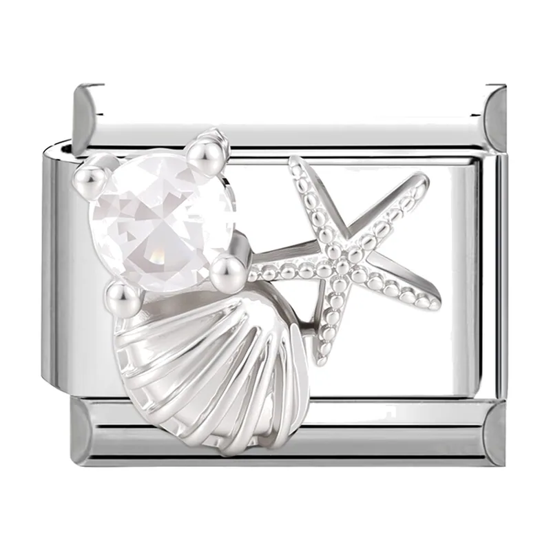 Nautical Link Bracelet with Seashell and Starfish, Stainless Steel