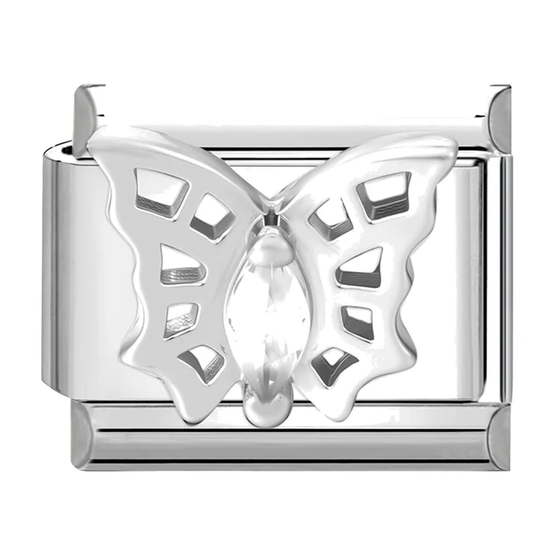 Bracciale a Maglie con Farfalla e Zircone, Acciaio Inossidabile