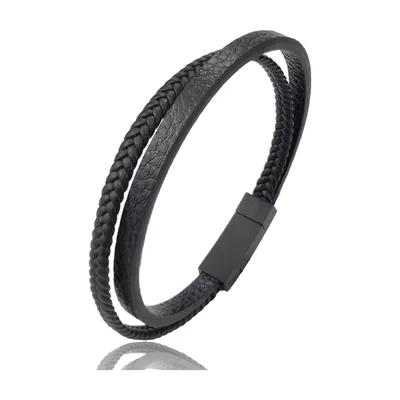 Pulsera de cuero trenzado y liso marrón, Acero Inoxidable