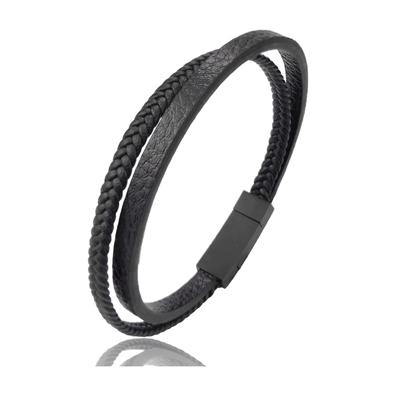 Bracciale in pelle intrecciata e liscia marrone, Acciaio Inox