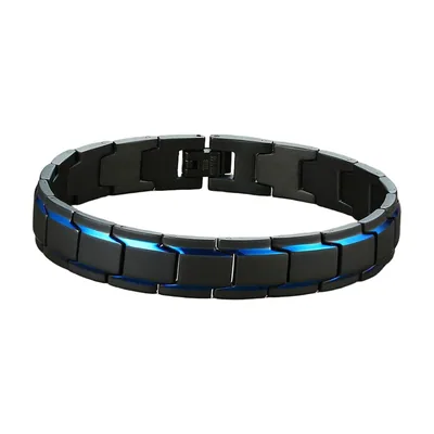 Bracelet Chaîne à Maillons Noir Mat avec Accents Bleus, Acier Inoxydable