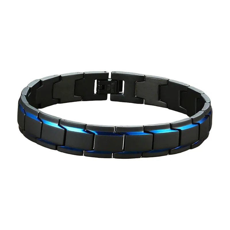 Bracciale a Catena Nero Opaco con Accenti Blu, Acciaio Inossidabile