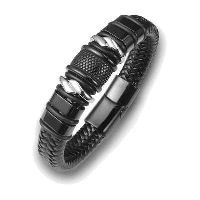 Bracciale in Pelle Intrecciata con Dettagli in Acciaio Inox, Nero
