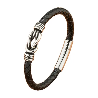 Bracciale in Pelle Intrecciata con Nodo, Acciaio Inossidabile 316L