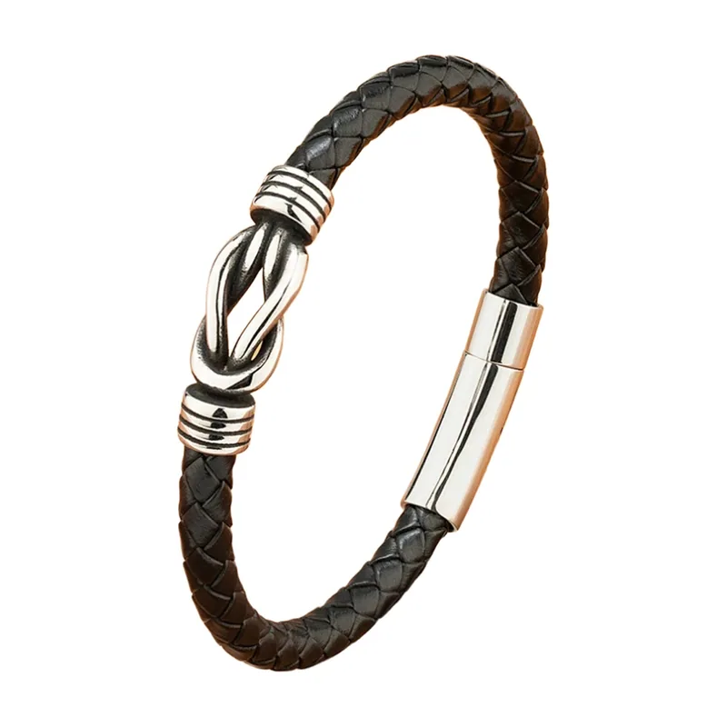Bracciale in Pelle Intrecciata con Nodo, Acciaio Inossidabile 316L