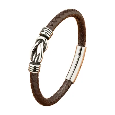 Bracciale in Pelle Intrecciata con Nodo, Acciaio Inossidabile 316L – Marrone