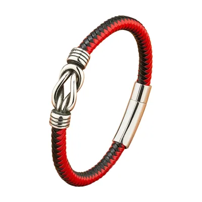 Bracciale in Pelle Intrecciata con Nodo, Acciaio Inossidabile 316L – Rosso