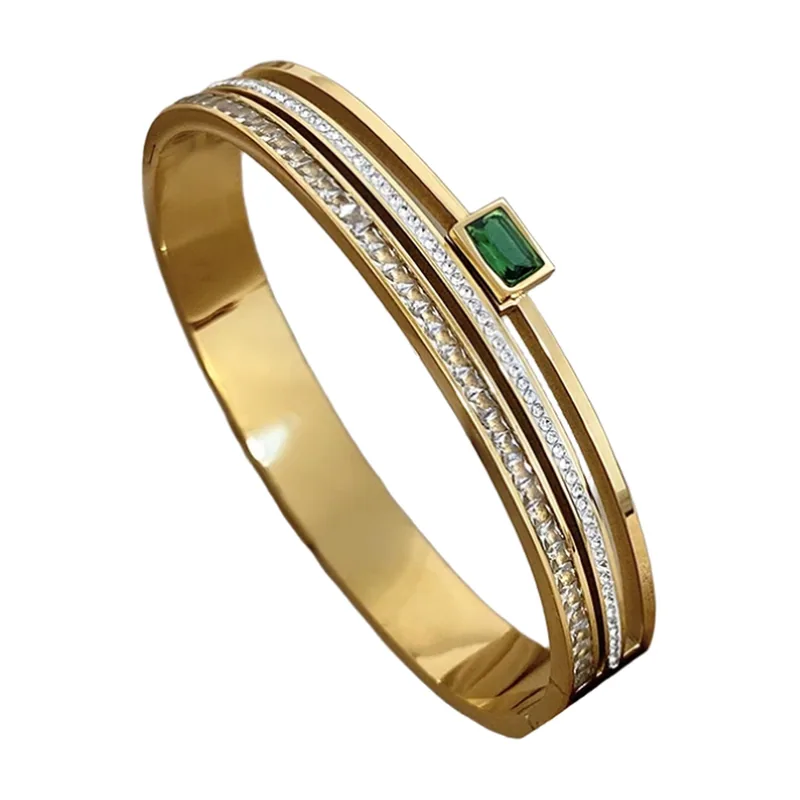 Gold-Tone Cuff Bracelet with Green Stone and Cubic Zirconia, Stainless Steel