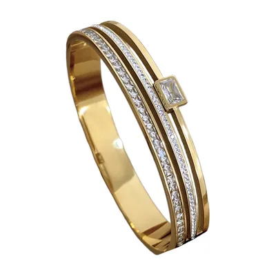 Bangle Triple Band Dorato con Zirconia, Acciaio Inossidabile