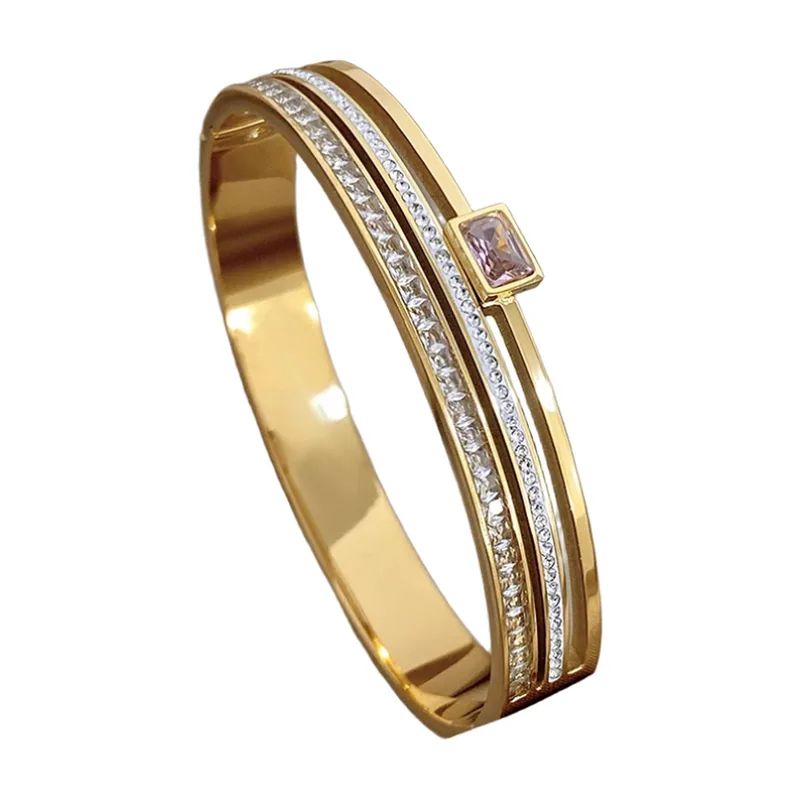 Bracelet Jonc avec Zirconium Cubique, Acier Inoxydable Doré