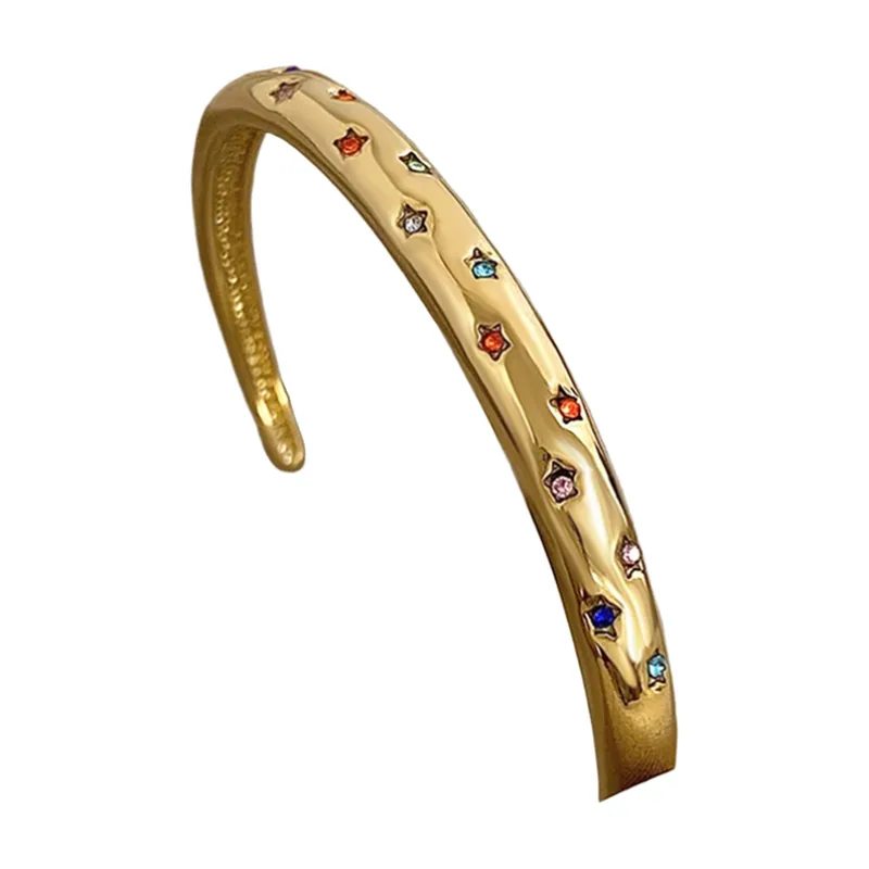 Open Cuff Bracelet with Multicoloured Stones, Gold-Toned Stainless Steel