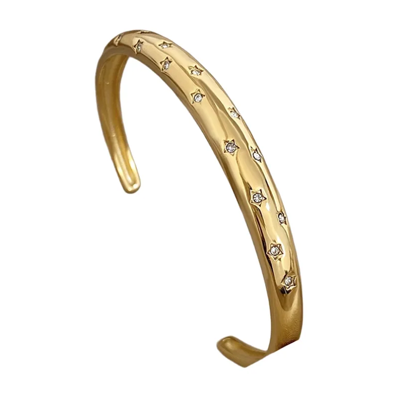 Bracelet Manchette avec Zirconia, Acier Inoxydable Doré