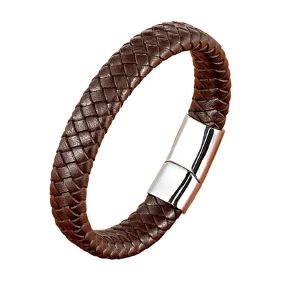 Bracciale in Pelle Intrecciata con Chiusura Magnetica, Acciaio Inox