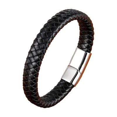 Bracciale in pelle intrecciata con chiusura magnetica, acciaio inox 316L