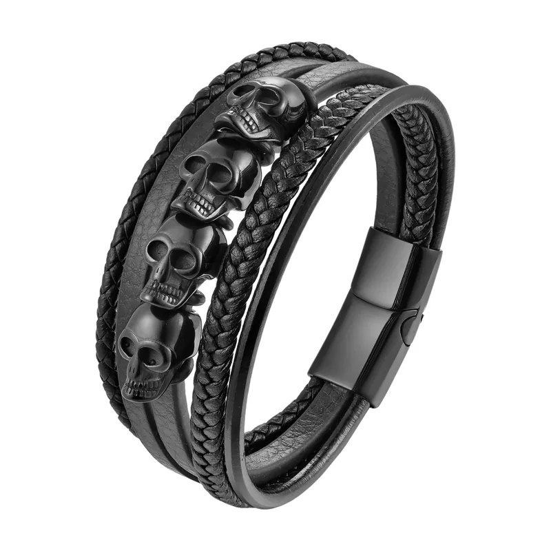 Bracelet en cuir tressé avec motifs crânes, acier inoxydable