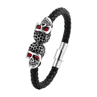 Pulsera de cuero trenzado con calaveras y piedras rojas