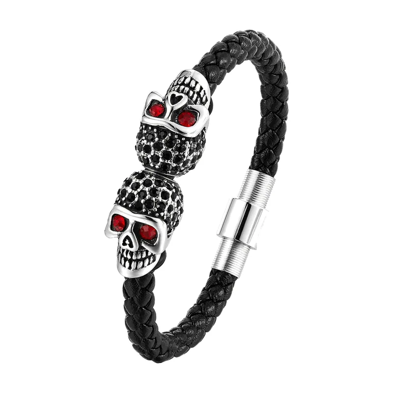 Bracciale in pelle intrecciata con teschi e pietre rosse