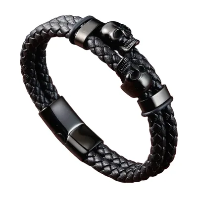 Pulsera de cuero trenzado con motivos de calaveras, acero inoxidable