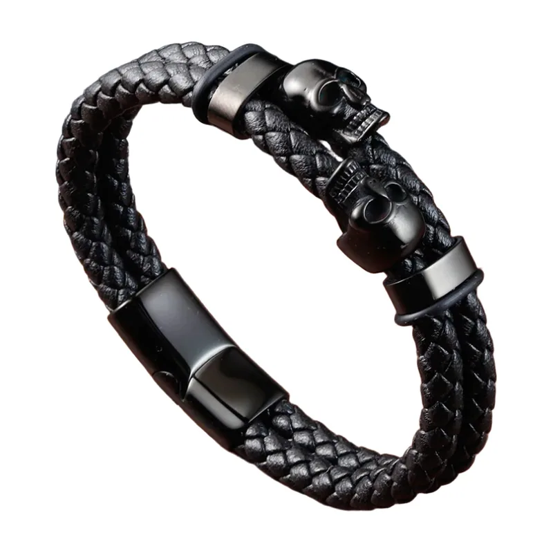 Bracciale in pelle intrecciata con motivi teschi, acciaio inossidabile