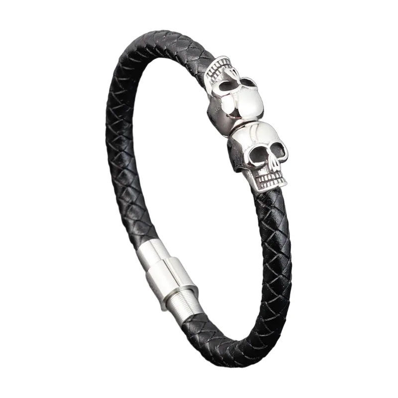 Bracelet en cuir tressé avec motif crâne, acier inoxydable