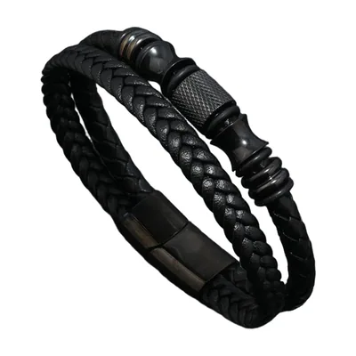 Bracciale in pelle intrecciata multistrato con dettagli in acciaio 316L