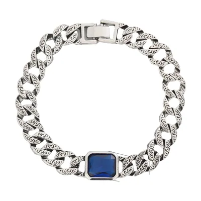 Bracciale a Maglia Cubana con Pietra Blu, Acciaio Inossidabile