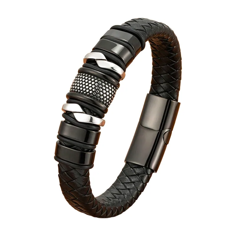 Bracelet en cuir tressé avec perles en acier inoxydable