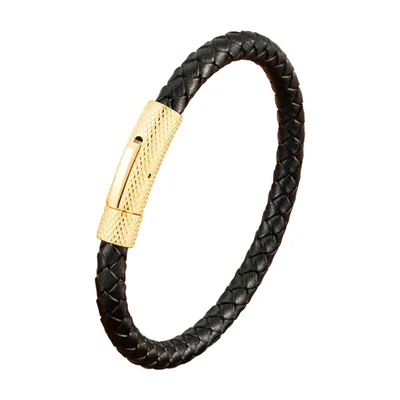 Pulsera de cuero trenzado con cierre magnético, acero inoxidable 316L – Negro / Dorado