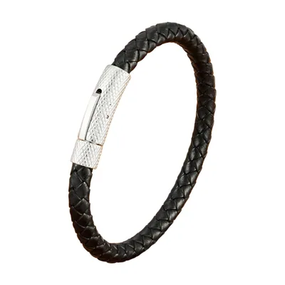 Pulsera de cuero trenzado con cierre magnético, acero inoxidable 316L – Negro / Plata