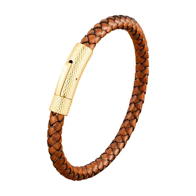 Bracciale in pelle intrecciata con chiusura magnetica, acciaio 316L